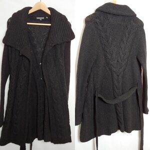 Vince Chunky Knit Longline Open Front Cardigan Wool Yak Black Gray XS Belted‎